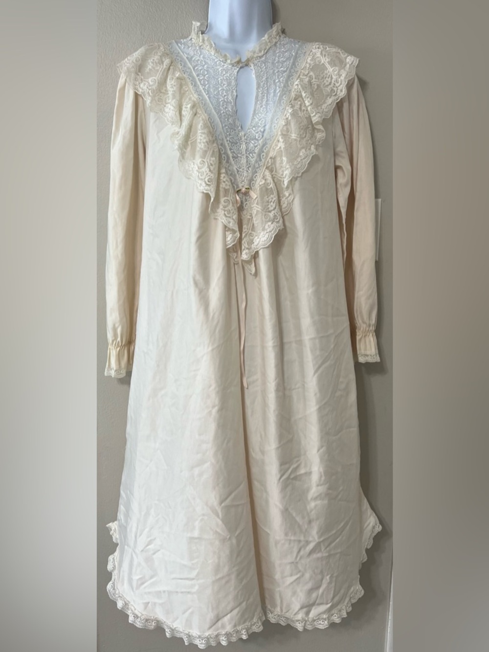 Vintage Beige Lace Prairie Nightgown Romantic Cottagecore USA Made